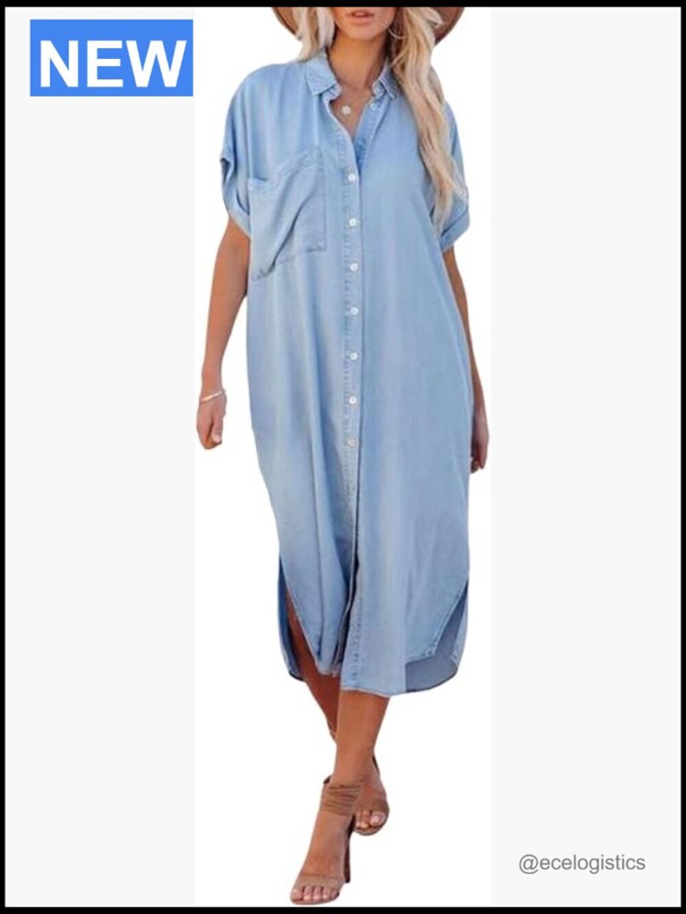 Faux Denim Button Down Midi Shirt Dress with Pockets Side Slit